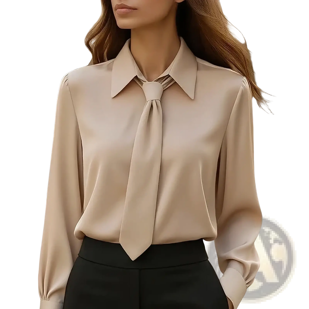 Beige satin blouse with a collar and tie-front detail ideal for office wear in satin bow tie office blouse style