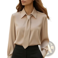 Beige satin blouse with a collar and tie-front detail ideal for office wear in satin bow tie office blouse style