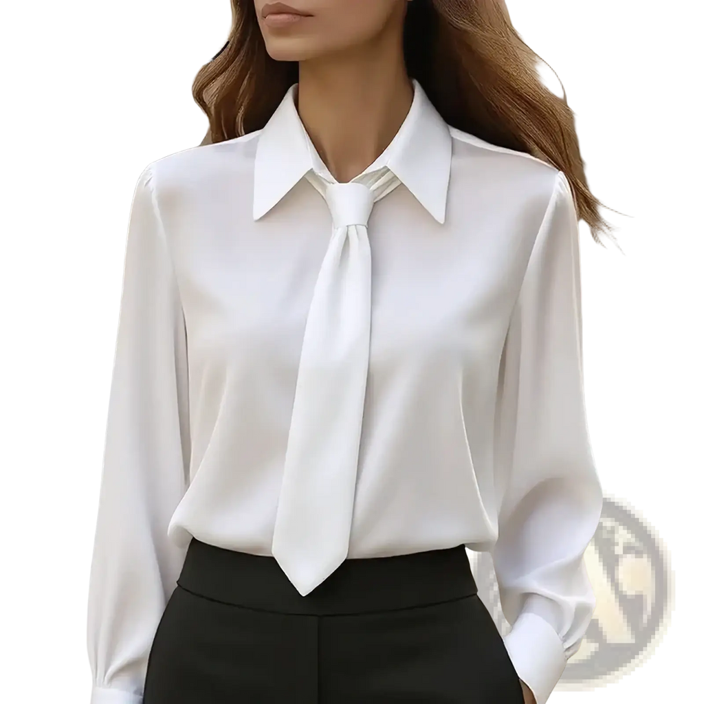 White satin bow tie office blouse with classic collar and tied necktie detail made of smooth satin fabric