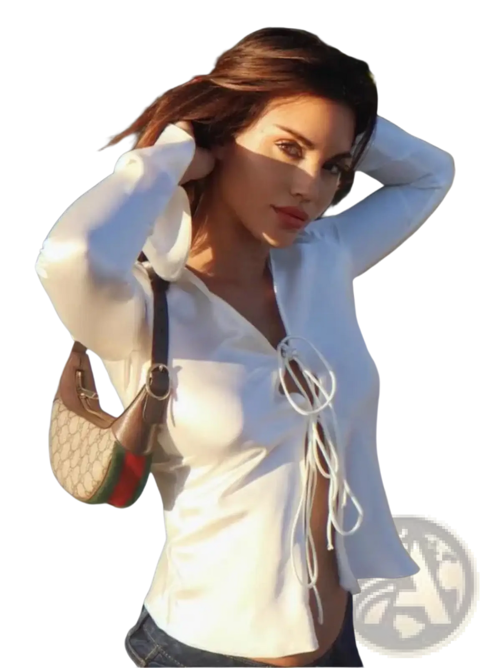 A beige and brown Gucci monogram shoulder bag with green and red stripes paired with a satin bowknot V-neck blouse
