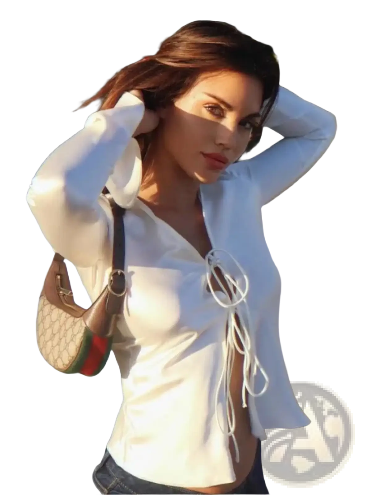 A beige and brown Gucci monogram shoulder bag with green and red stripes paired with a satin bowknot V-neck blouse
