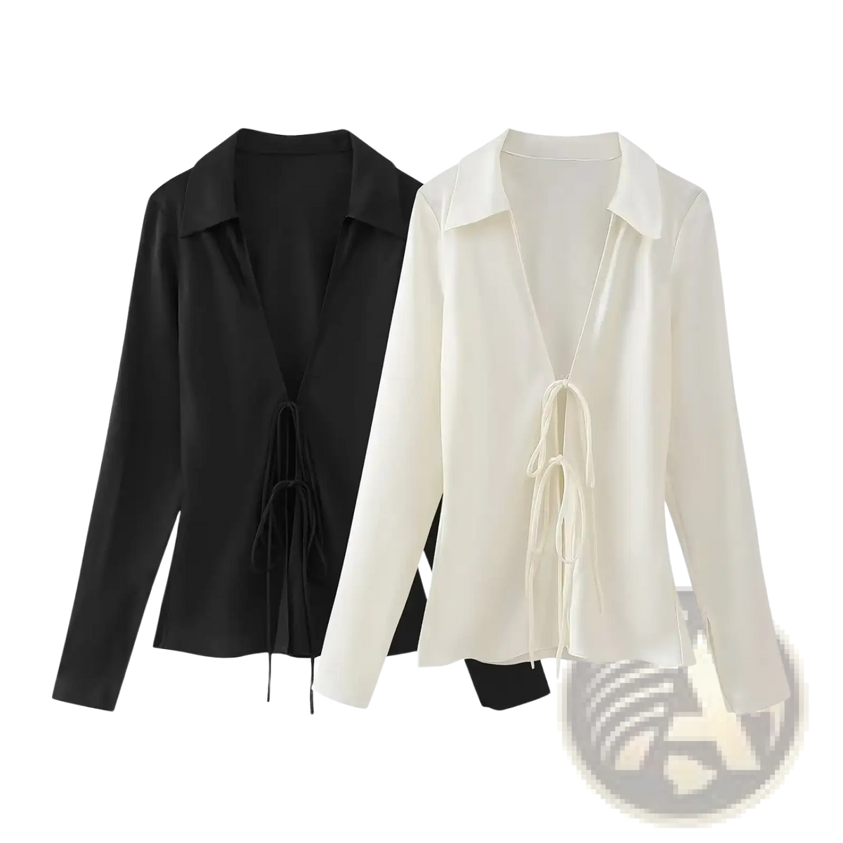 Black and cream satin long-sleeved blouse with collar v-neckline tied at front with matching drawstrings