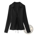 Black satin bowknot v neck blouse with long sleeves and front tie detail for elegant occasions