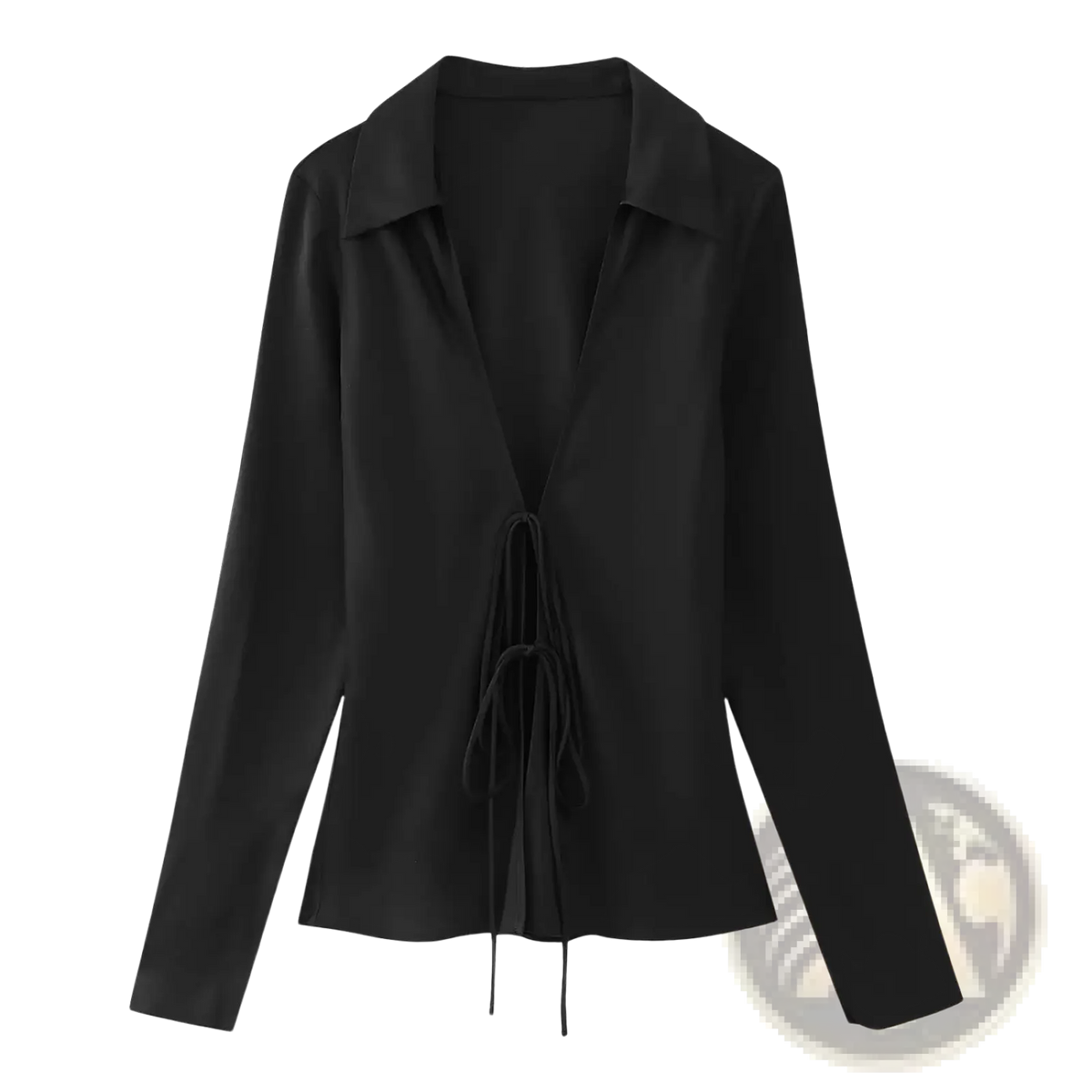 Black satin bowknot v neck blouse with long sleeves and front tie detail for elegant occasions