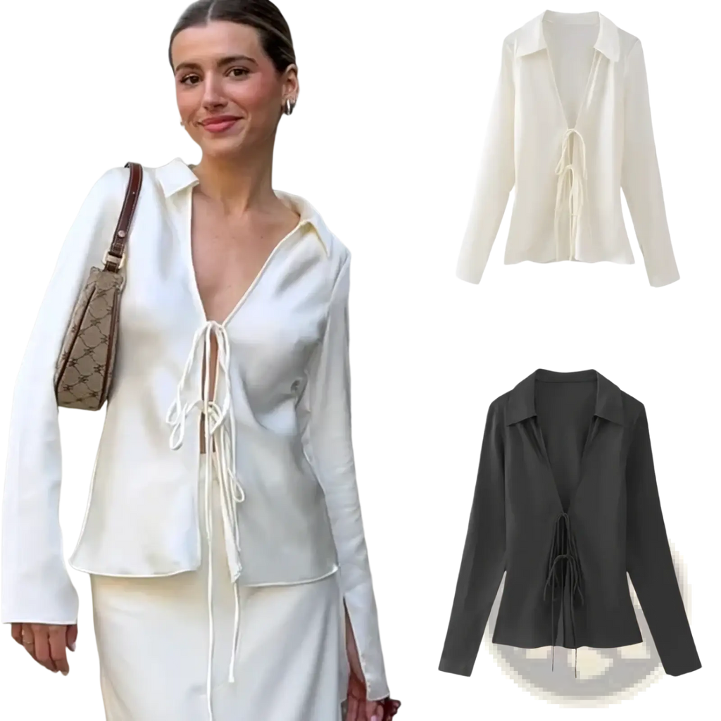 Cream-colored satin bowknot v-neck blouse with collar and front tie detail for elegant occasions