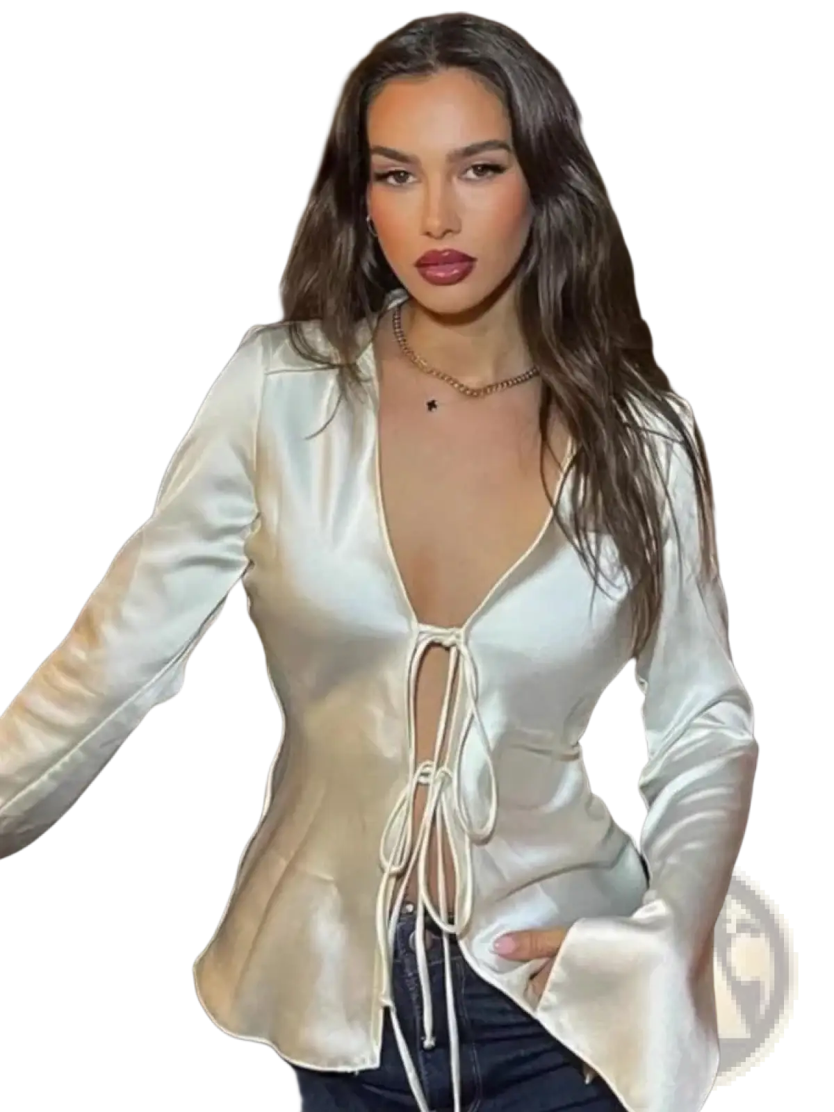 A sleek satin bowknot v-neck blouse in white with a deep v-neck and matching drawstring tie at the front