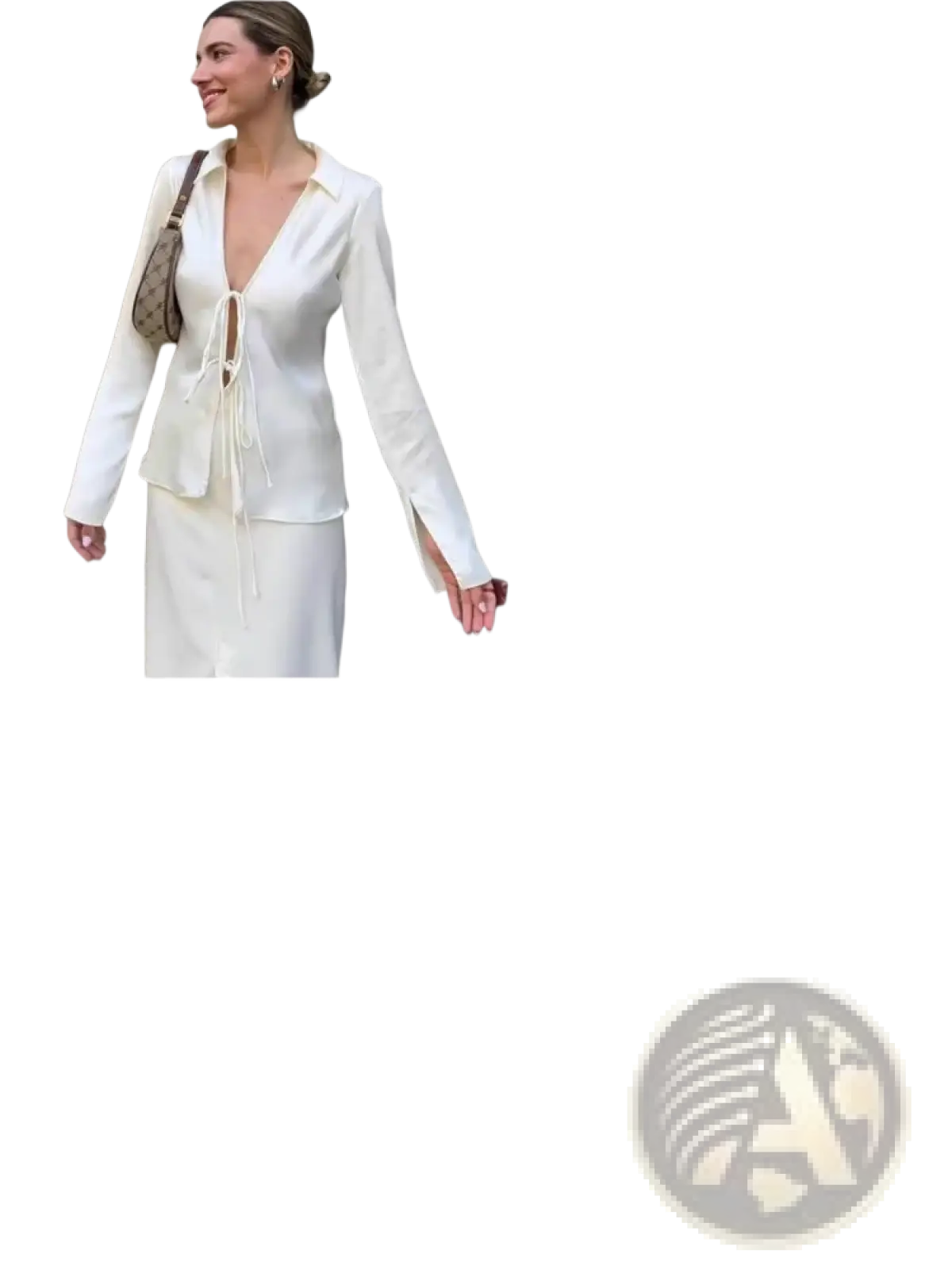 A white satin bowknot v-neck blouse with tie-front detail perfect for elegant and formal occasions