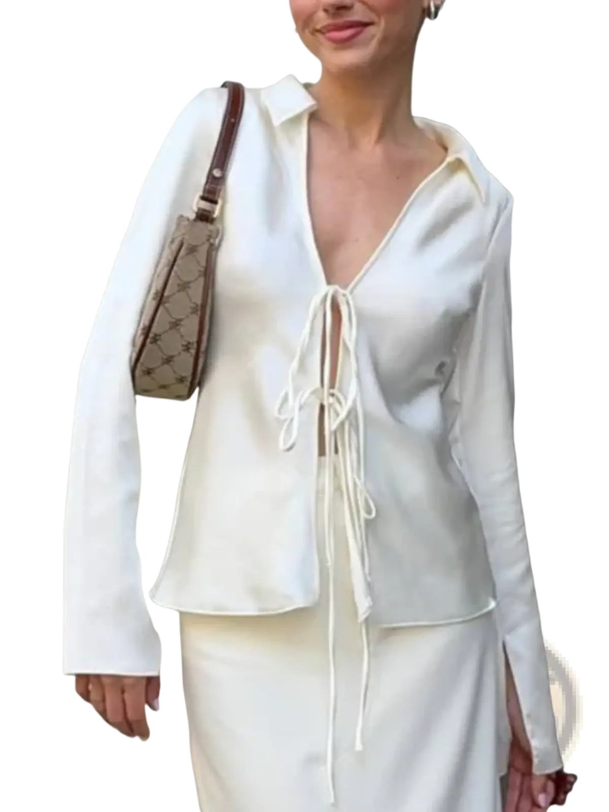 White satin bowknot v-neck blouse with collar and front tie detail in elegant satin material for formal wear