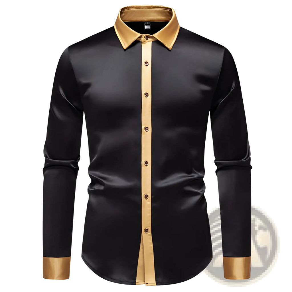 Black satin colorblock long sleeve shirt with gold trim on collar placket and cuffs for elegant wear