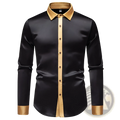 Black satin colorblock long sleeve shirt with gold trim on collar placket and cuffs for elegant wear