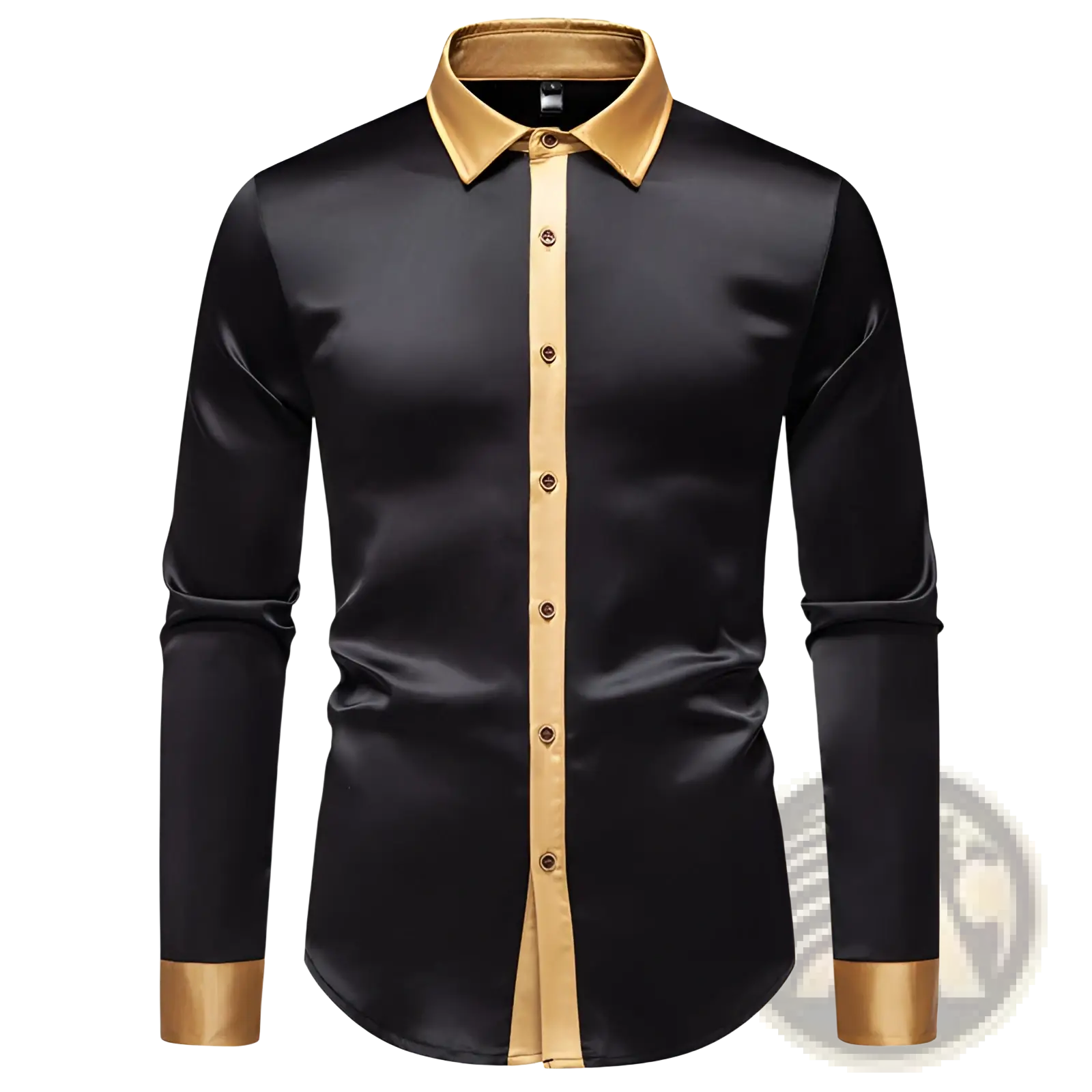 Black satin colorblock long sleeve shirt with gold trim on collar placket and cuffs for elegant wear