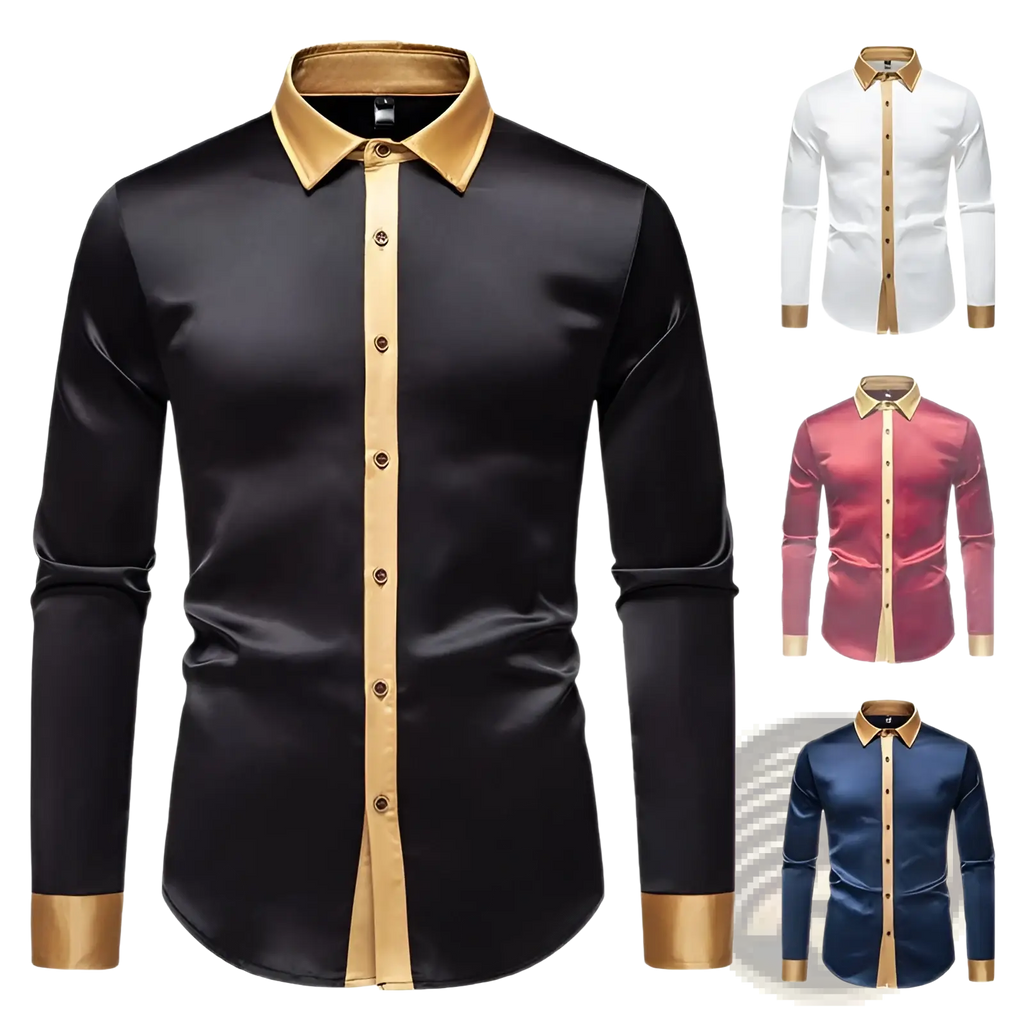 Satin colorblock long sleeve shirt in black satin with gold trim on collar placket and cuffs for elegant wear