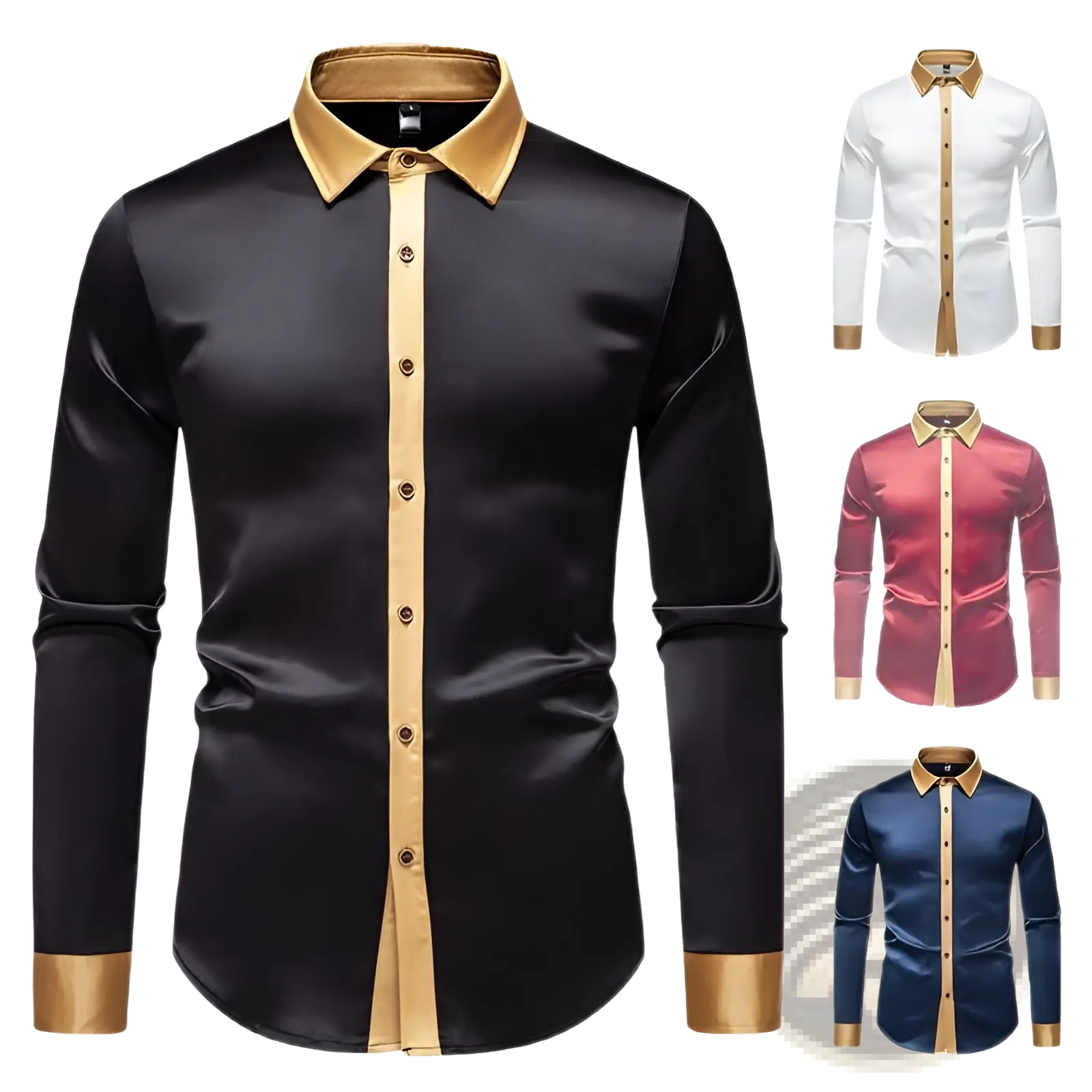 Satin colorblock long sleeve shirt in black satin with gold trim on collar placket and cuffs for elegant wear