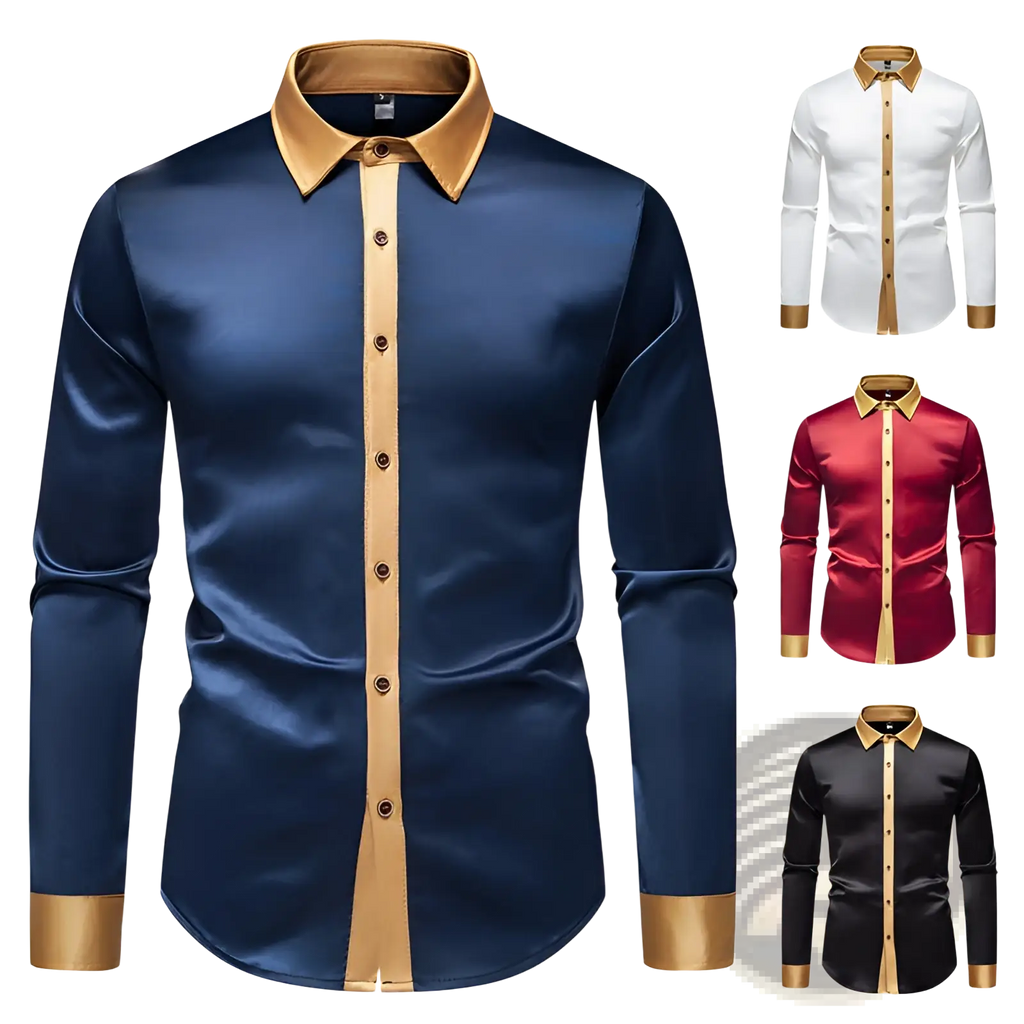 Navy blue satin colorblock long sleeve shirt with gold trim on collar placket and cuffs for formal wear