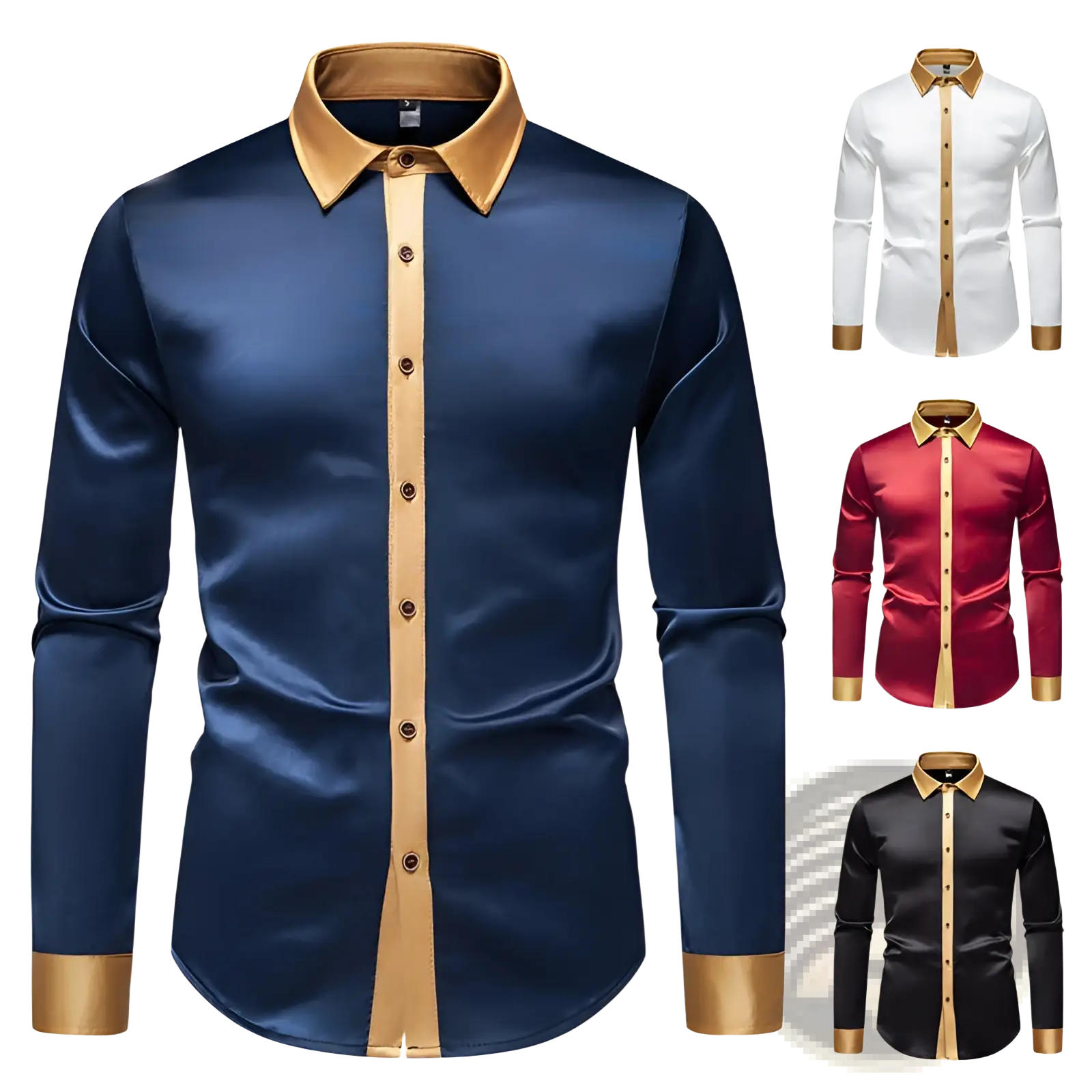 Navy blue satin colorblock long sleeve shirt with gold trim on collar placket and cuffs for formal wear