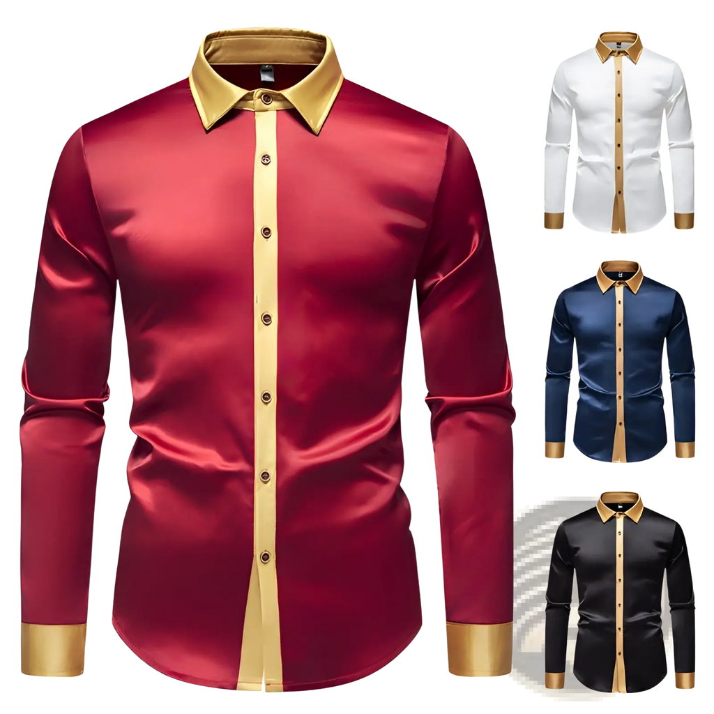 A satin colorblock long sleeve shirt in deep red with a gold contrasting collar and cuffs for formal wear