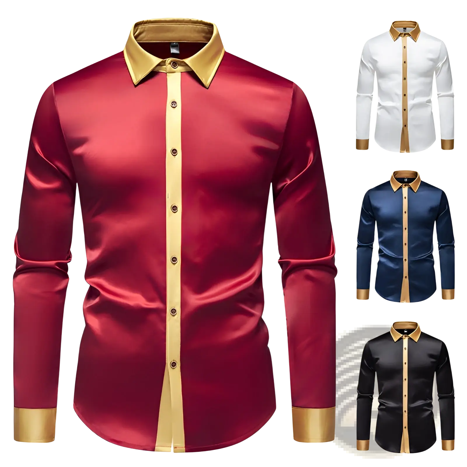 A satin colorblock long sleeve shirt in deep red with a gold contrasting collar and cuffs for formal wear