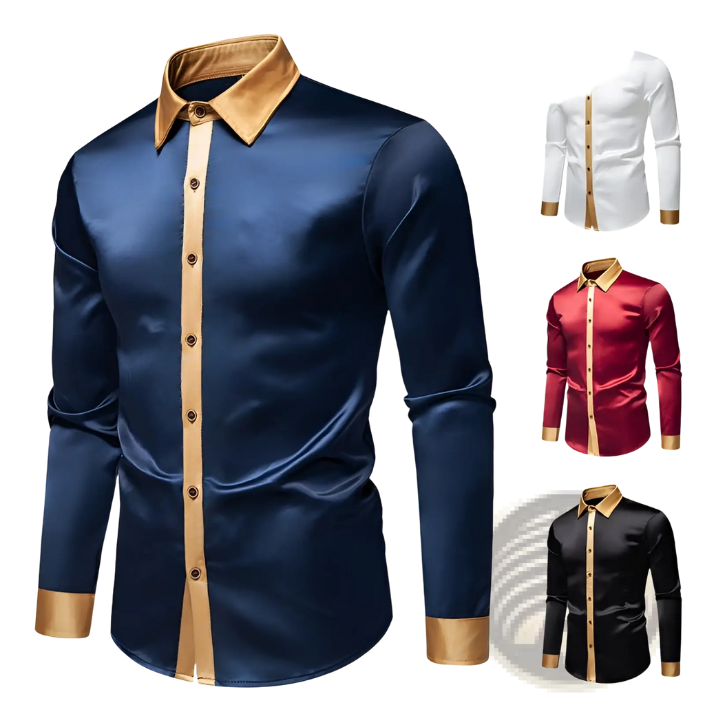 A sleek navy blue satin colorblock long sleeve shirt with gold satin collar placket and cuff accents