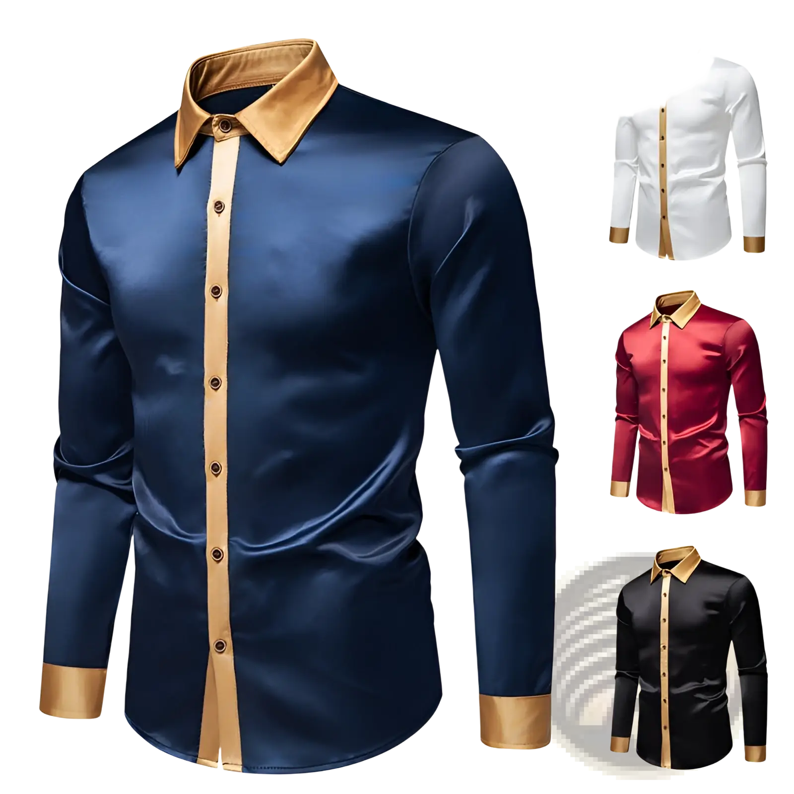 A sleek navy blue satin colorblock long sleeve shirt with gold satin collar placket and cuff accents