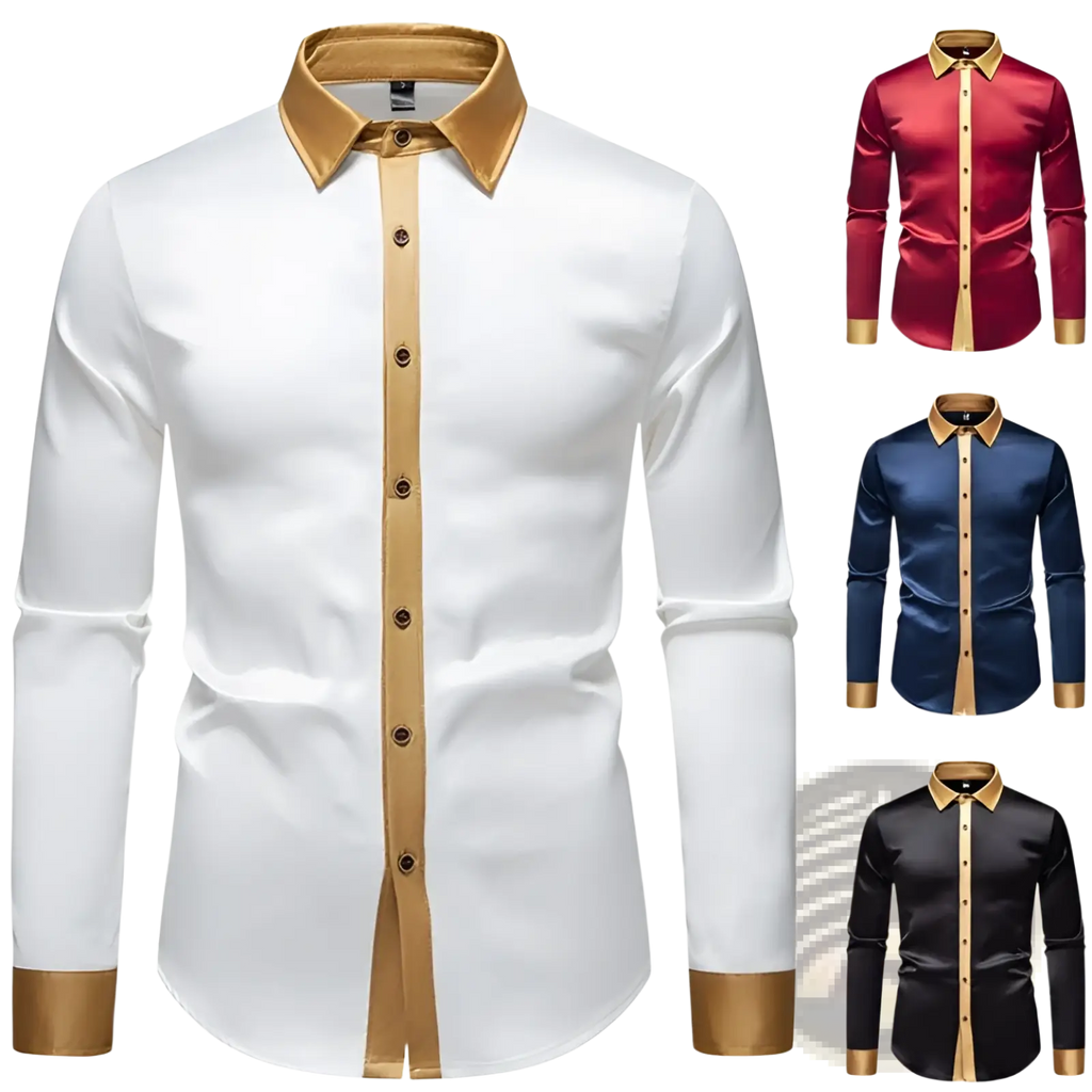 White satin colorblock long sleeve shirt with gold trim on collar placket and cuffs