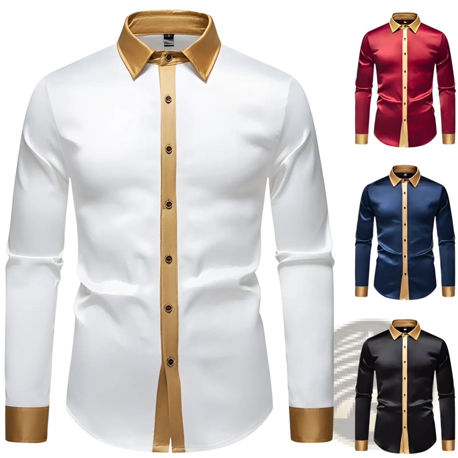 White satin colorblock long sleeve shirt with gold trim on collar placket and cuffs