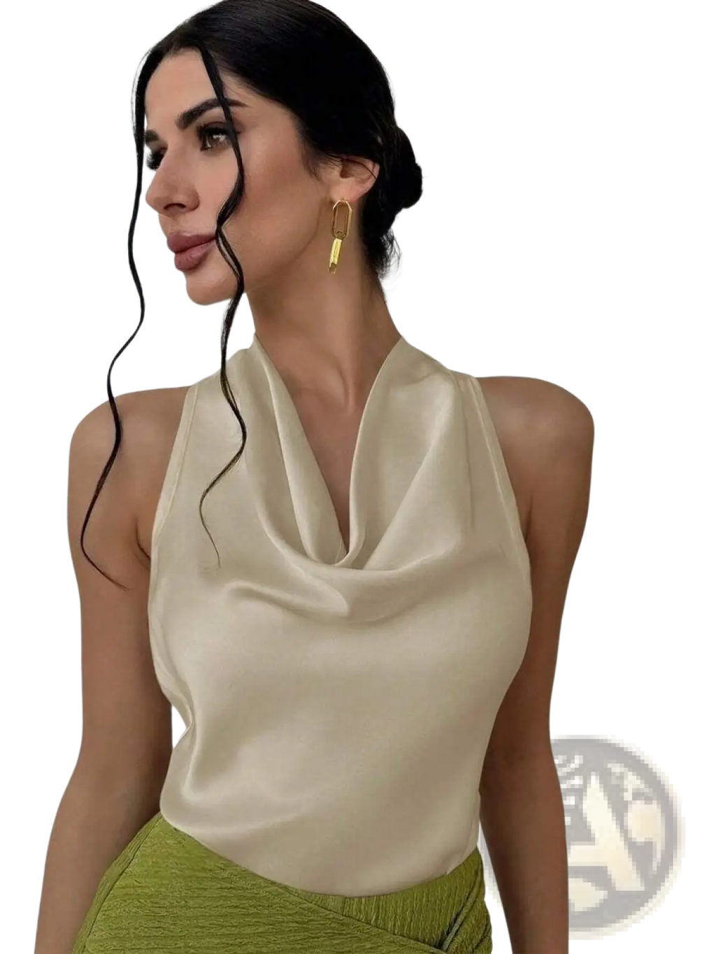 Cream-colored satin halter top featuring a draped cowl neckline for elegant evening wear