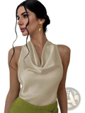 Cream-colored satin halter top featuring a draped cowl neckline for elegant evening wear