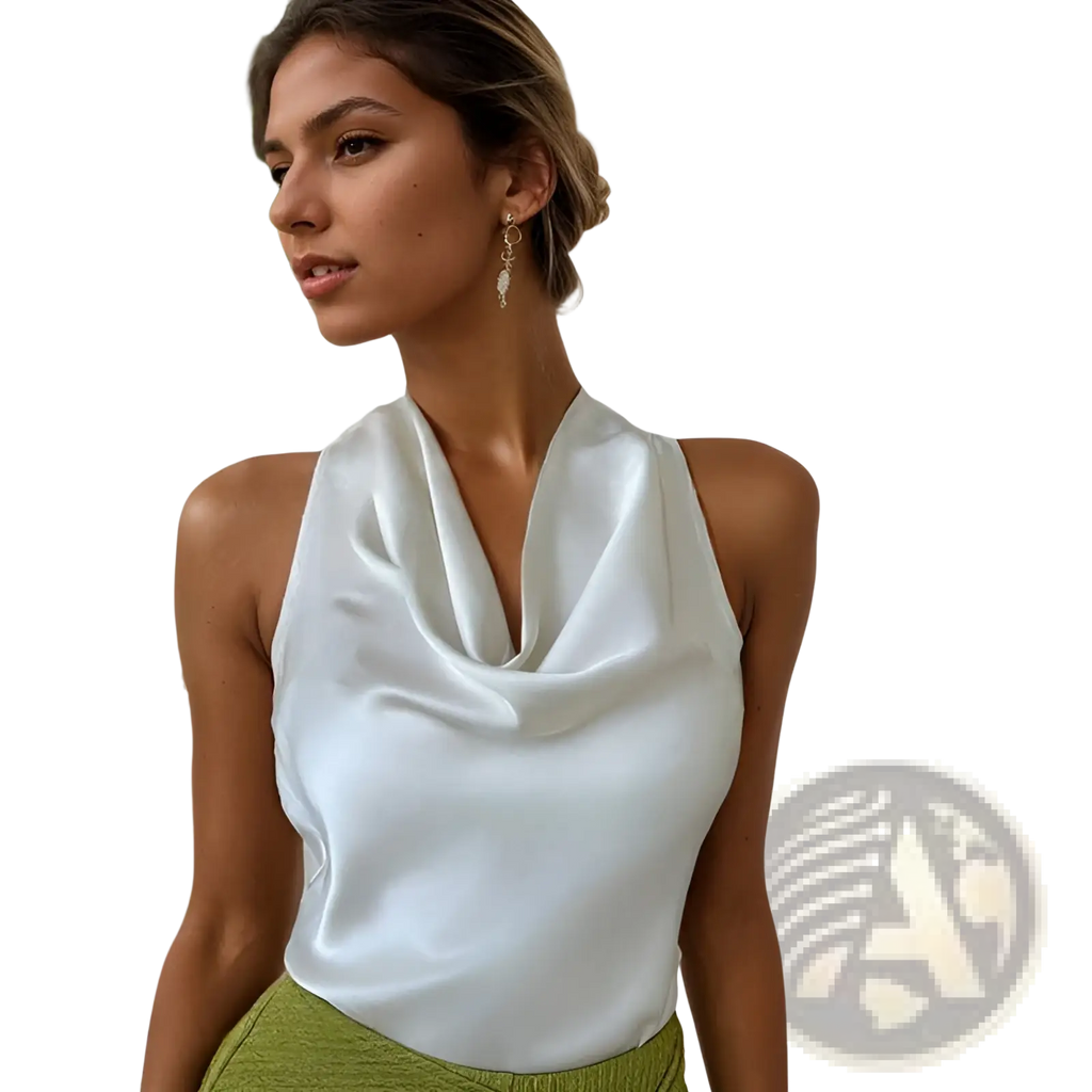 A sleek white satin halter top with a draped cowl neckline perfect for elegant evening wear