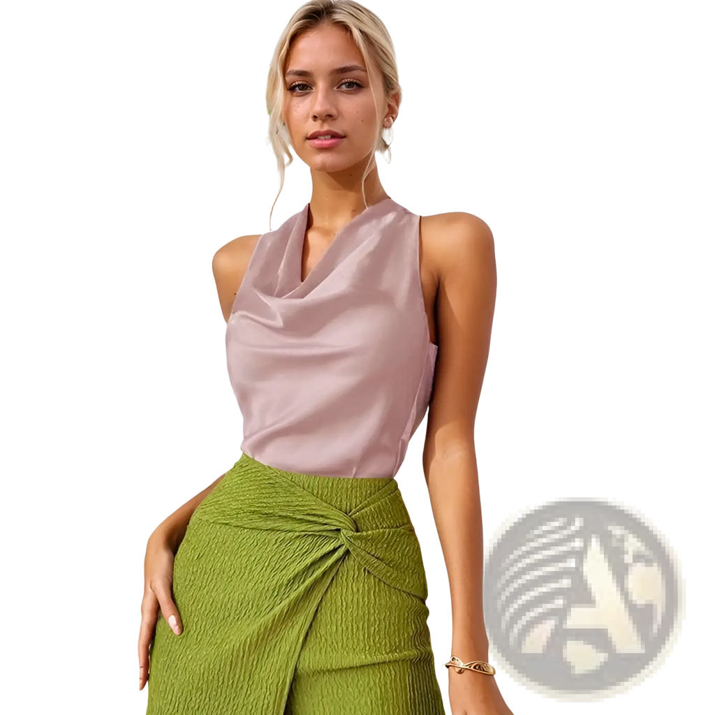 A soft mauve satin cowl neck halter top featuring a draped neckline for elegant evening wear