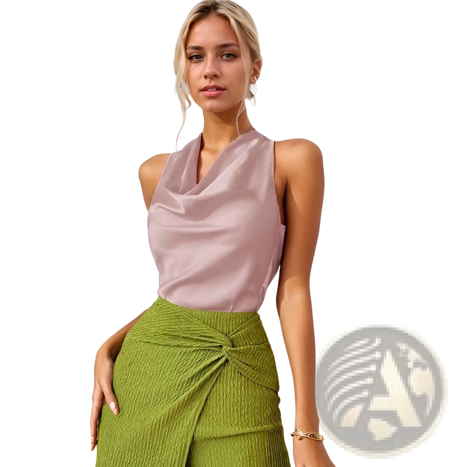 A soft mauve satin cowl neck halter top featuring a draped neckline for elegant evening wear