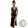 A sleek black satin midi slip dress with a deep v neck backless design and a high side slit