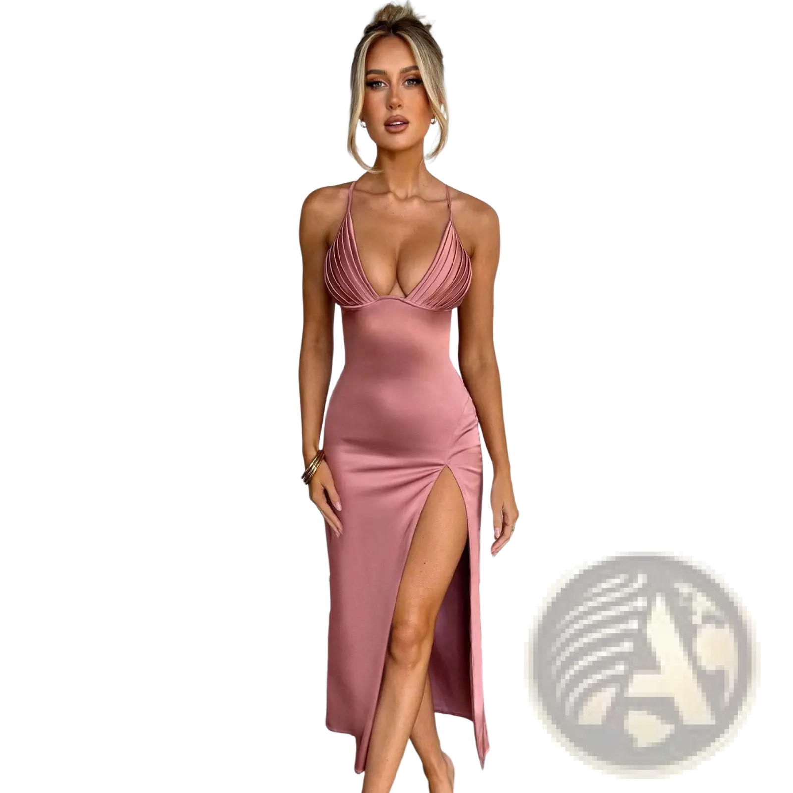 A sleek satin pink deep v neck backless midi dress with a high side slit for elegant occasions