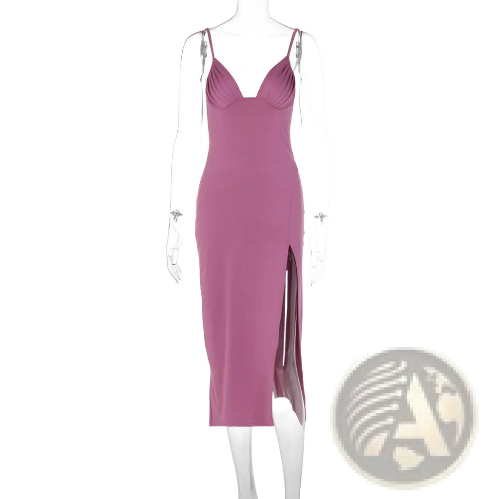 A sleek mauve satin deep V neck backless midi dress with thin spaghetti straps and a high side slit