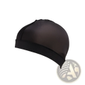 Black stretchy mesh wig cap with elastic band displayed as part of satin elastic durag wide band headwrap product back side