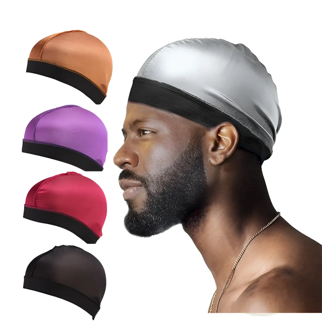 Silver satin durag with black elastic band featuring a wide band headwrap design shown from the back side