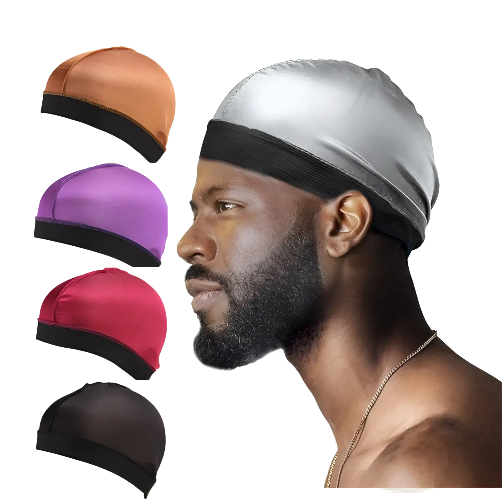 Silver satin durag with black elastic band featuring a wide band headwrap design shown from the back side