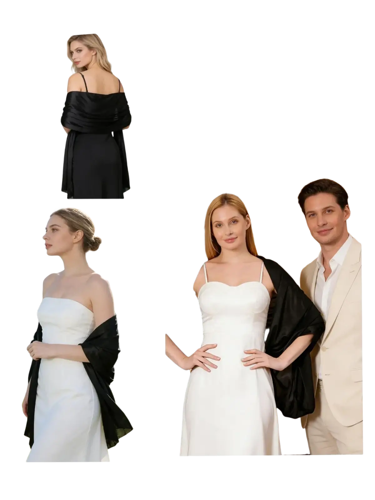 Black satin evening shawl for women with a draped flowing design perfect for formal occasions