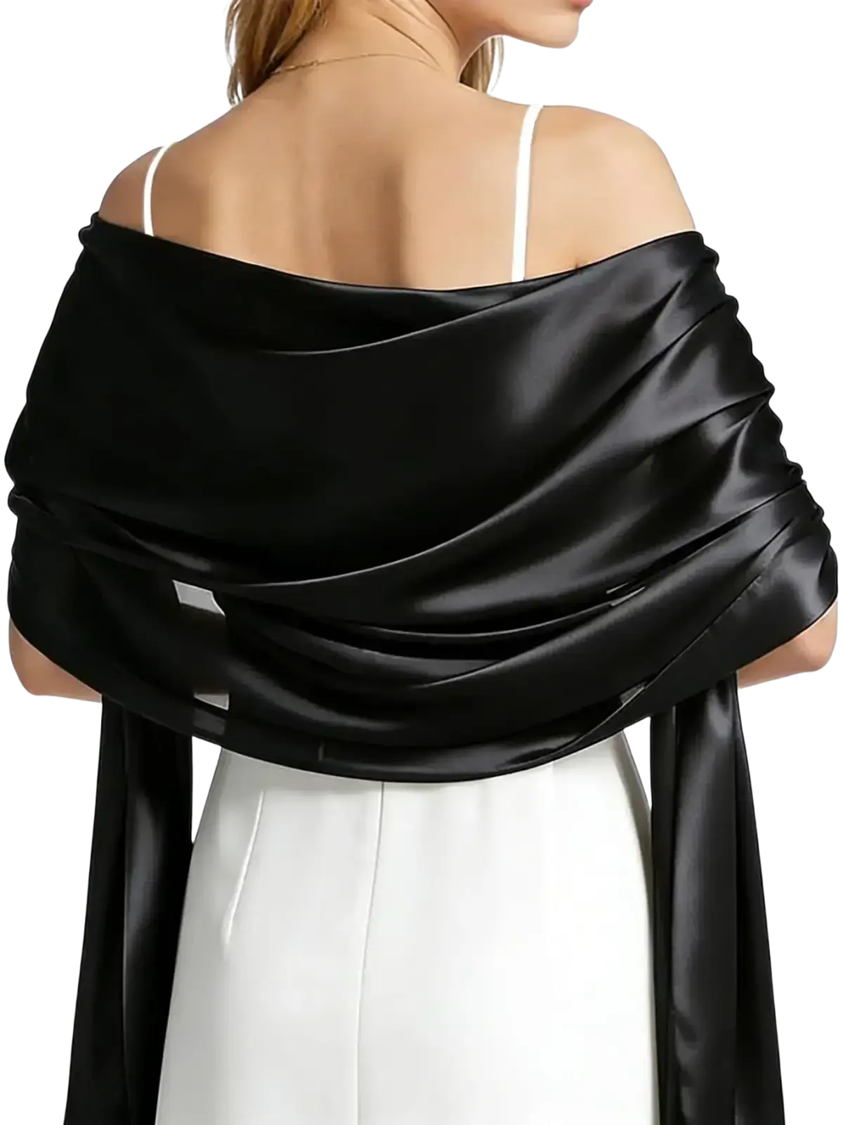 Black satin evening shawl draped elegantly over the shoulders for a stylish satin evening look