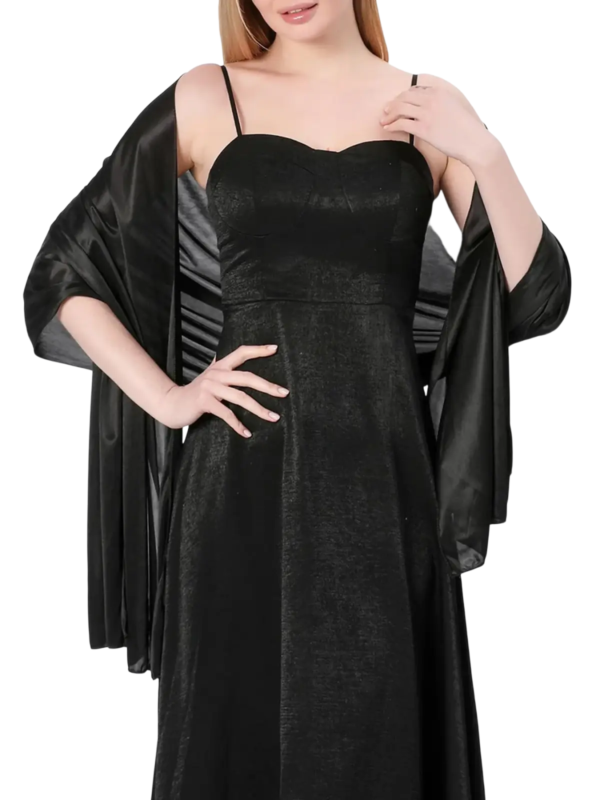 Black satin evening shawl for women with wide flowing sleeves draped over a matching black dress