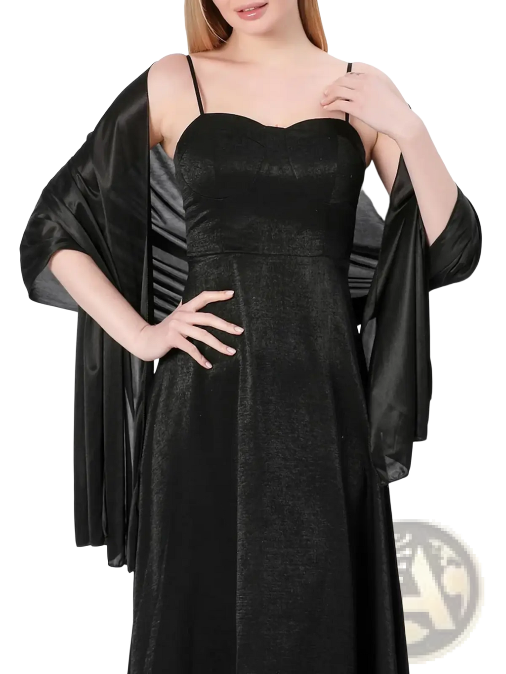 Black satin evening shawl for women with wide flowing sleeves draped over a matching black dress