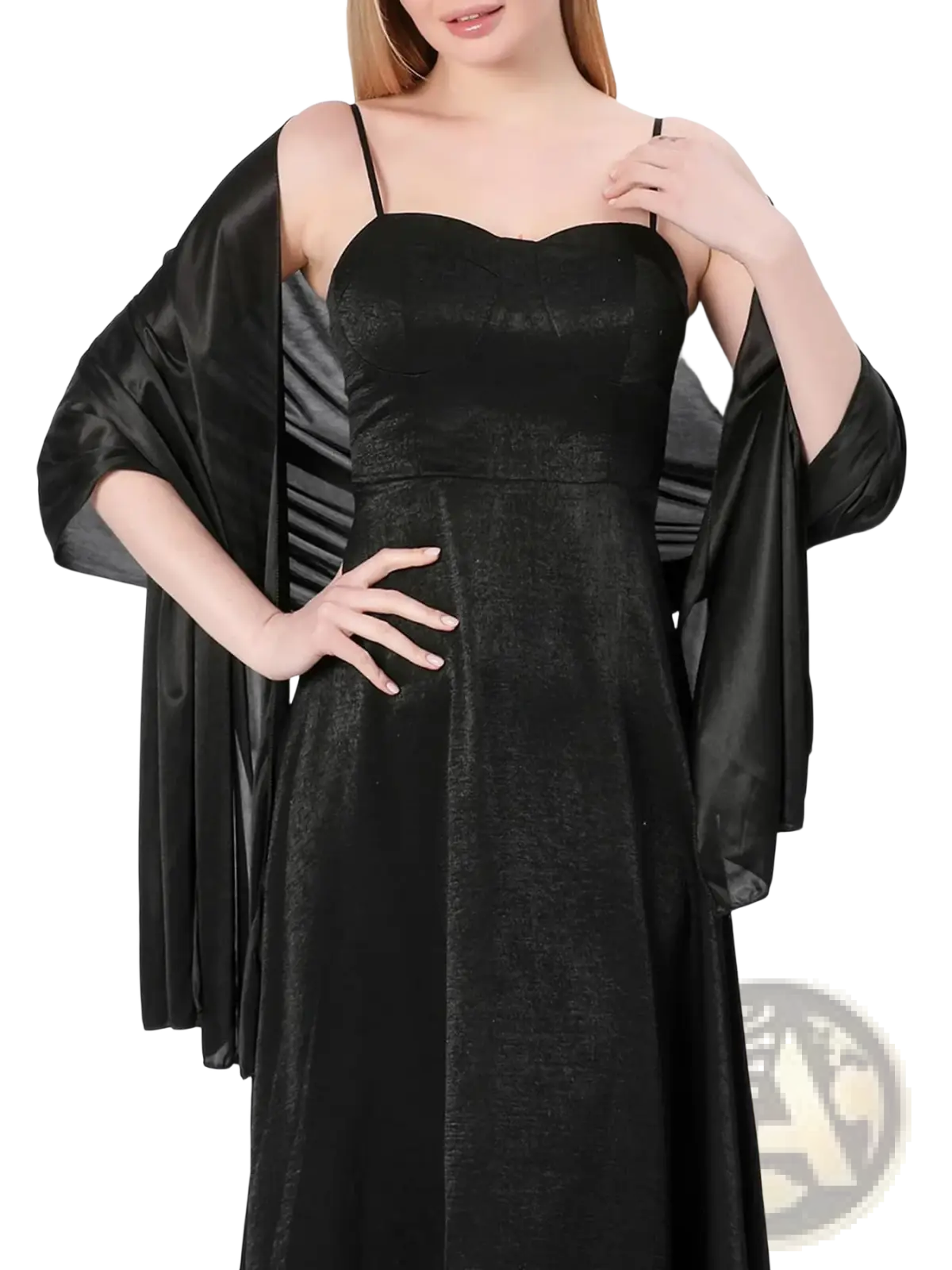 Black satin evening shawl for women with wide flowing sleeves draped over a matching black dress