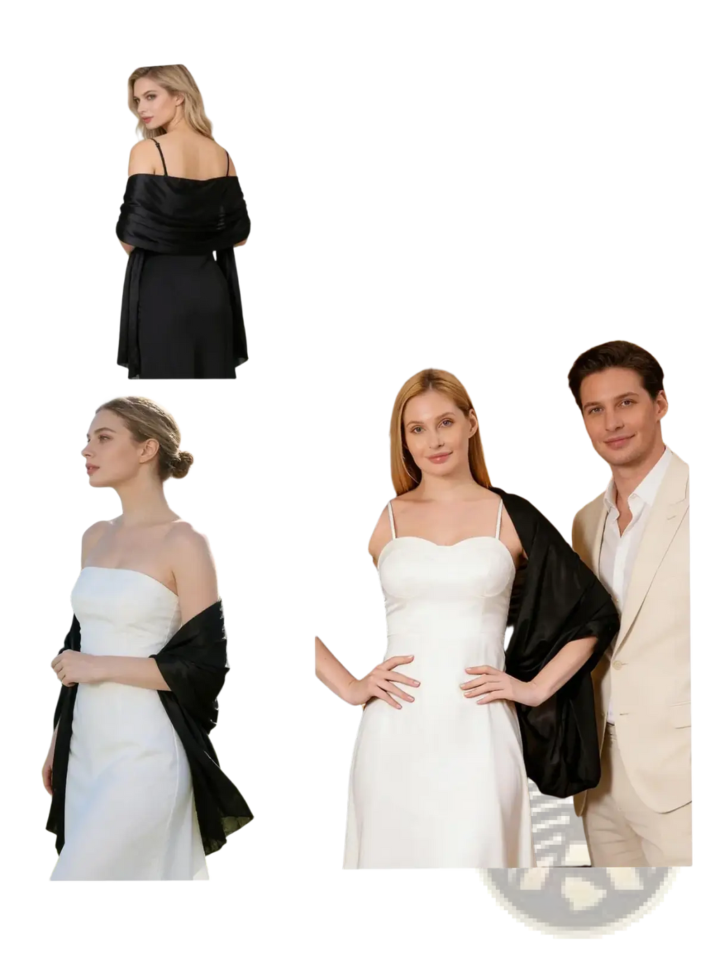 Black satin evening shawl for women with a draped flowing design perfect for formal occasions