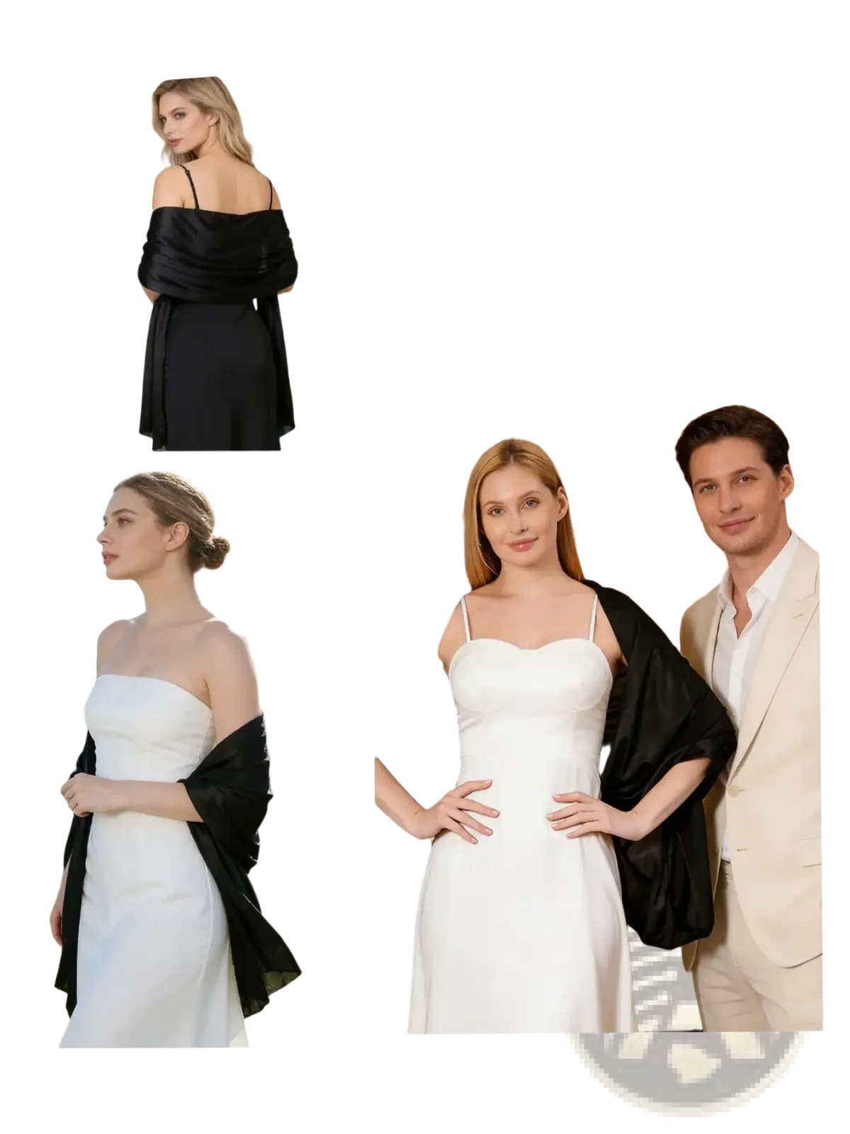 Black satin evening shawl for women with a draped flowing design perfect for formal occasions