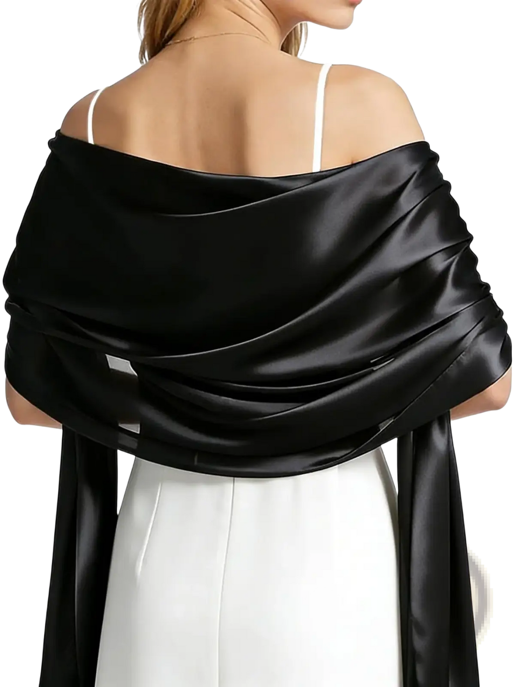Black satin evening shawl for women draped over the shoulders showcasing smooth satin material and elegant design