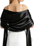Black satin evening shawl for women draped over the shoulders showcasing smooth satin material and elegant design