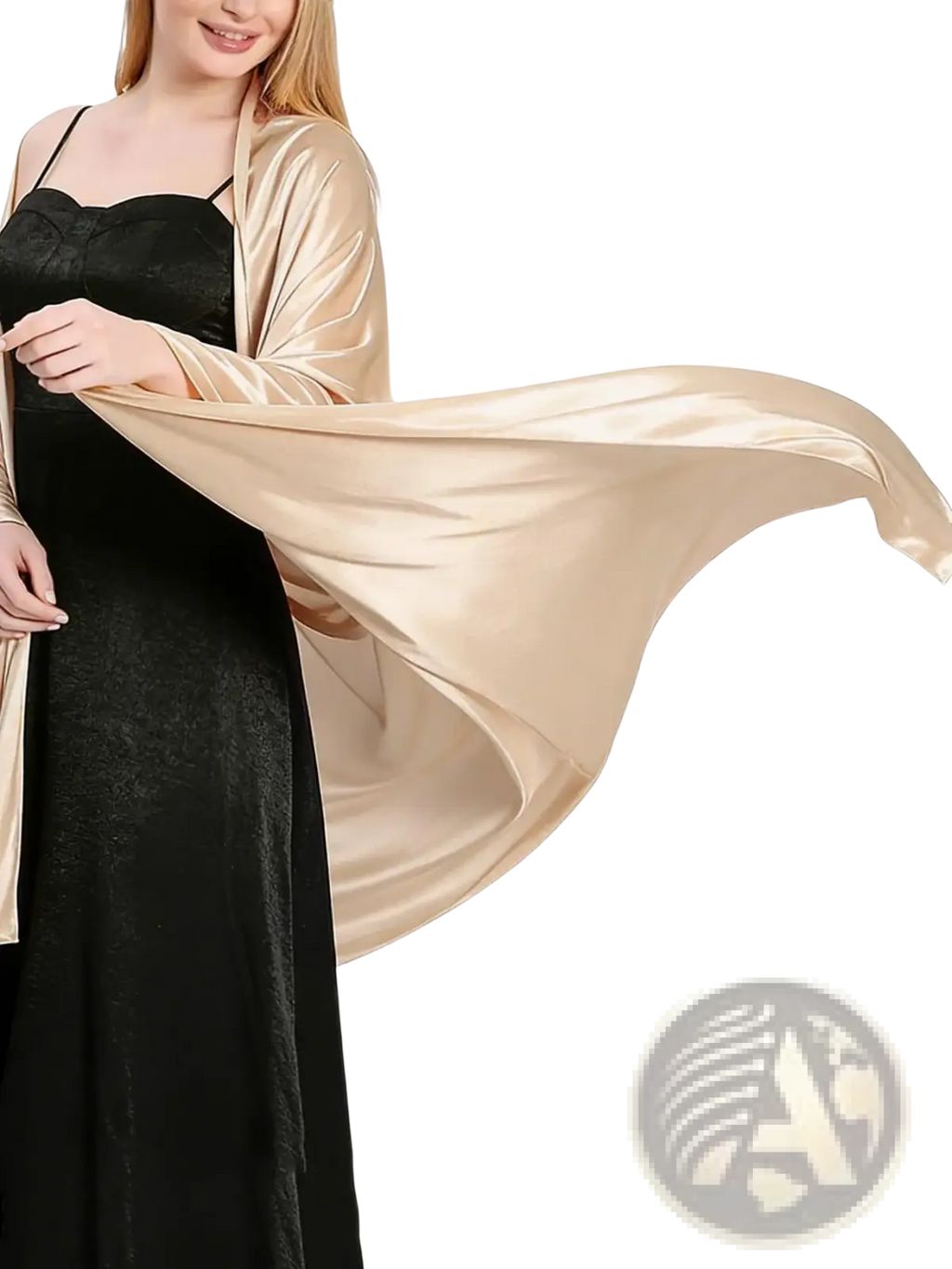A flowing champagne-colored satin evening shawl for women with a smooth glossy finish and long sleeves