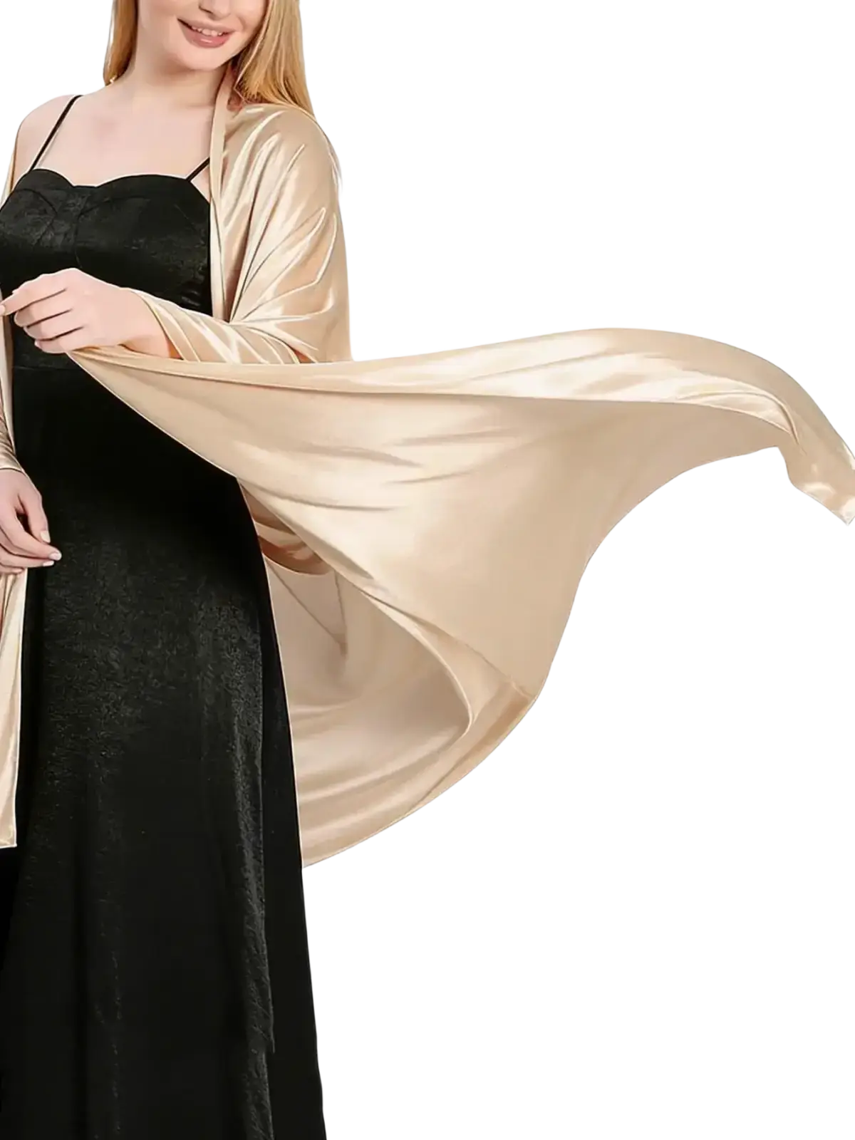 A flowing champagne-colored satin evening shawl for women with a smooth silk satin-like finish