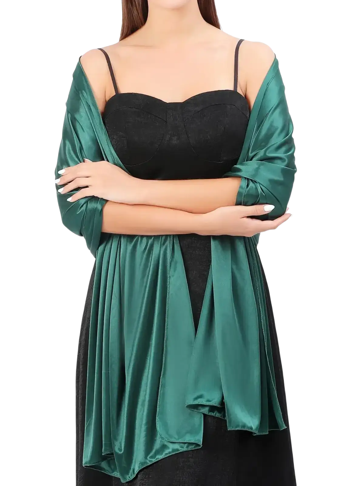Emerald green satin evening shawl draped over a black strapless top for elegant women’s evening wear