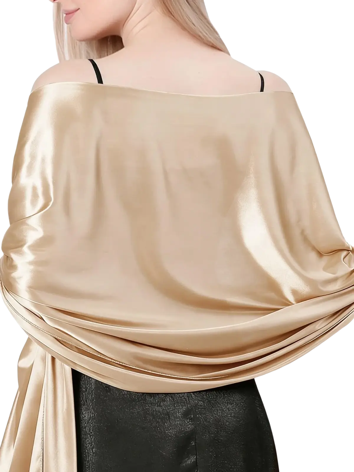 A shimmering gold satin evening shawl for women draped over shoulders with smooth reflective surface and elegant draping