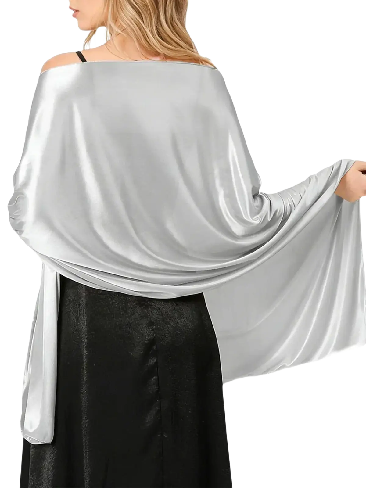 A sleek silver satin evening shawl for women with a flowing drape and soft sheen